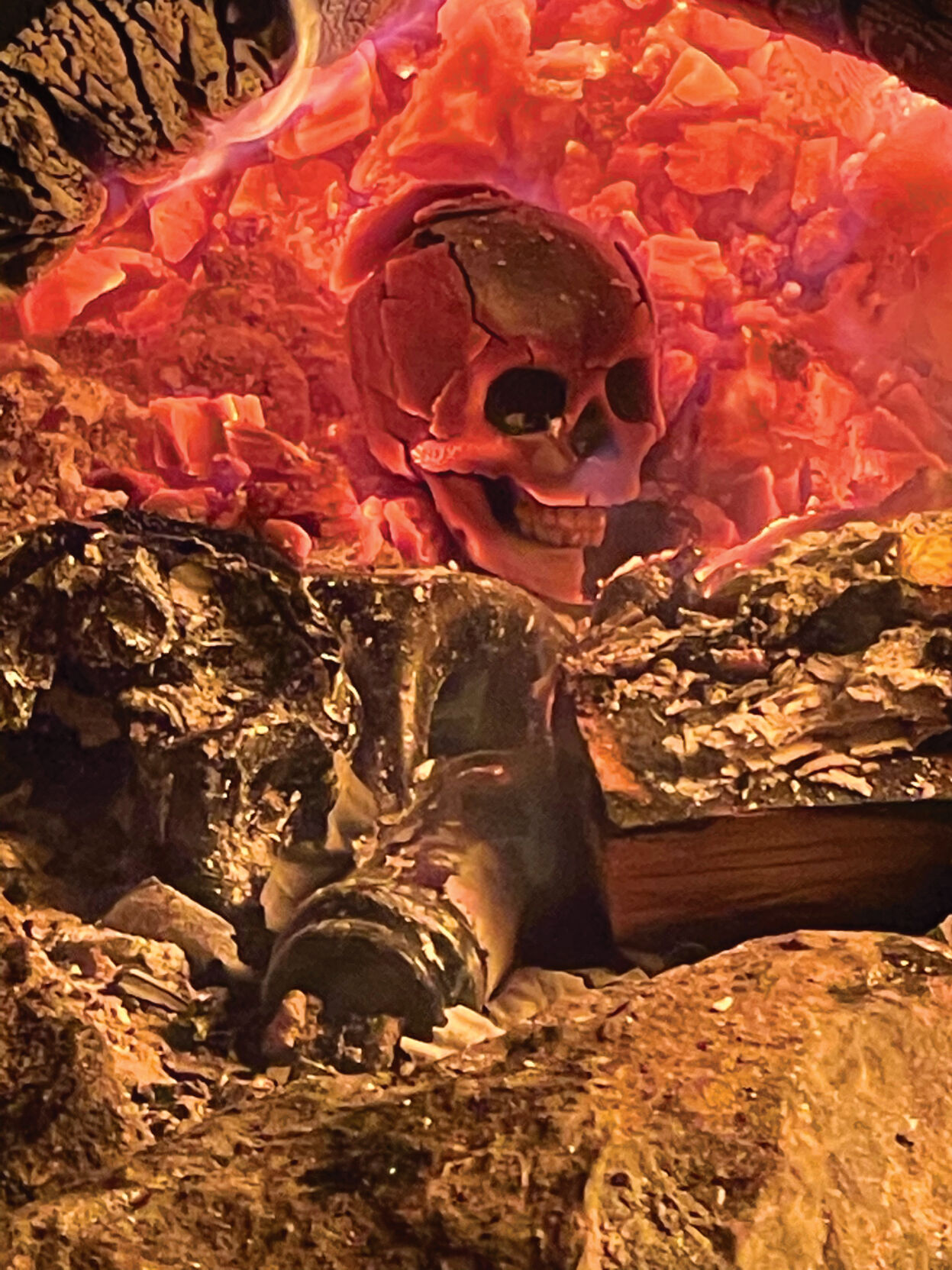 Skull briquette in a Halloween campfire